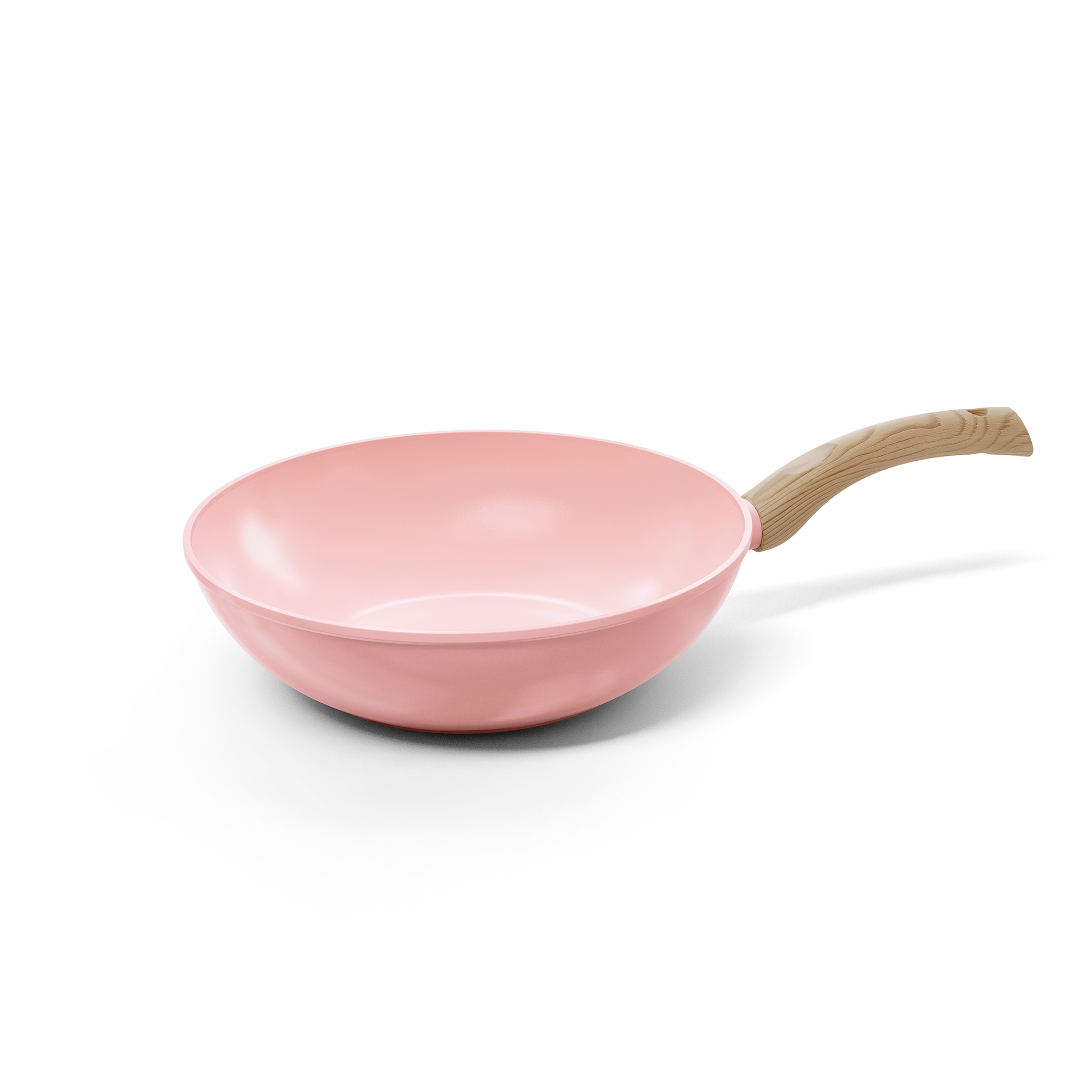 Pink wok pan 30 cm with wooden handle and smooth interior.