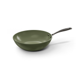 Poêle wok vert foncé de 30 cm avec longue poignée en métal.