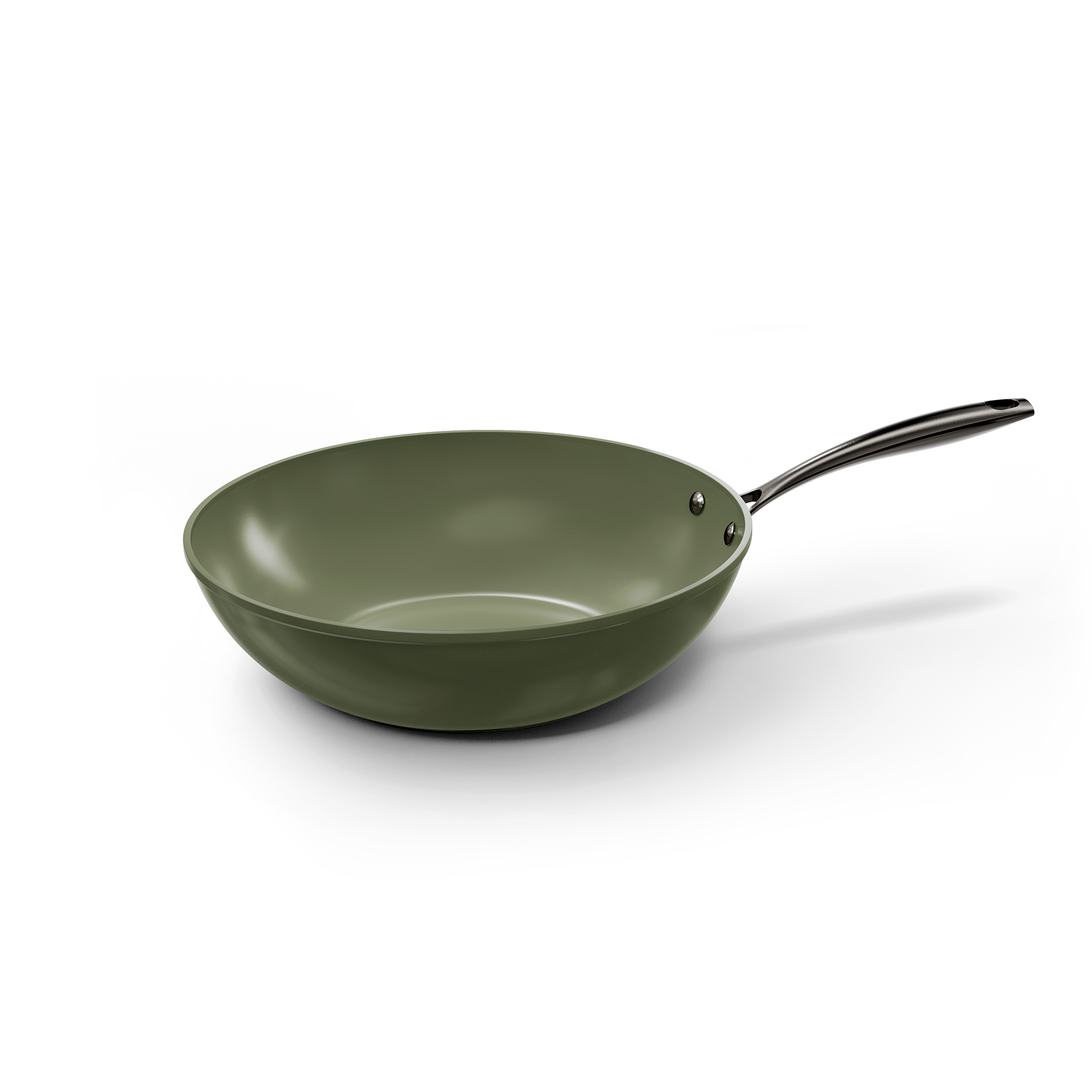 Donkergroene wokpan van 30 cm met lange metalen handgreep.