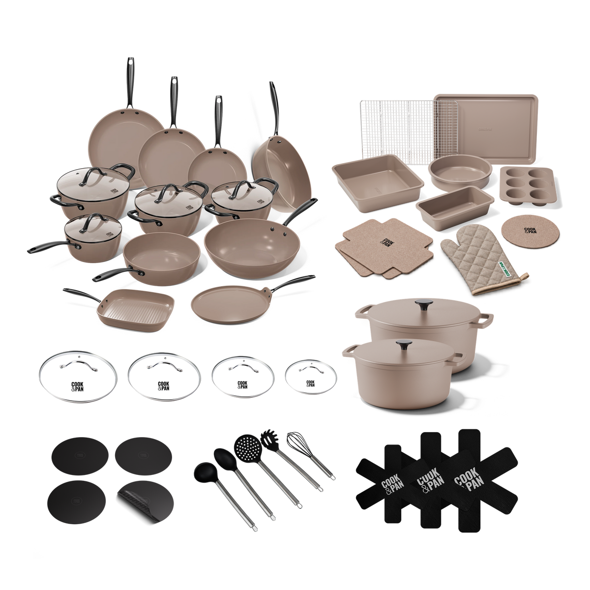 Taupe of Mind XXL Küchenset 40-teilig: Topfset und Pfannenset 12-teilig, Backformenset, zwei gusseiserne Bräter, vier Glasdeckel und Zubehör